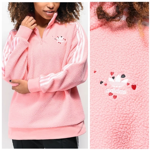 🔴SOLD🔴|Adidas Sherpa Fleece Pink 1/4 Zip Hearts - Picture 2 of 9